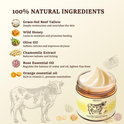 NBUDIY Beef Tallow Face Moisturizer | Fragrance-Free, Grass-Fed Tallow & Honey Balm, 4.23 oz