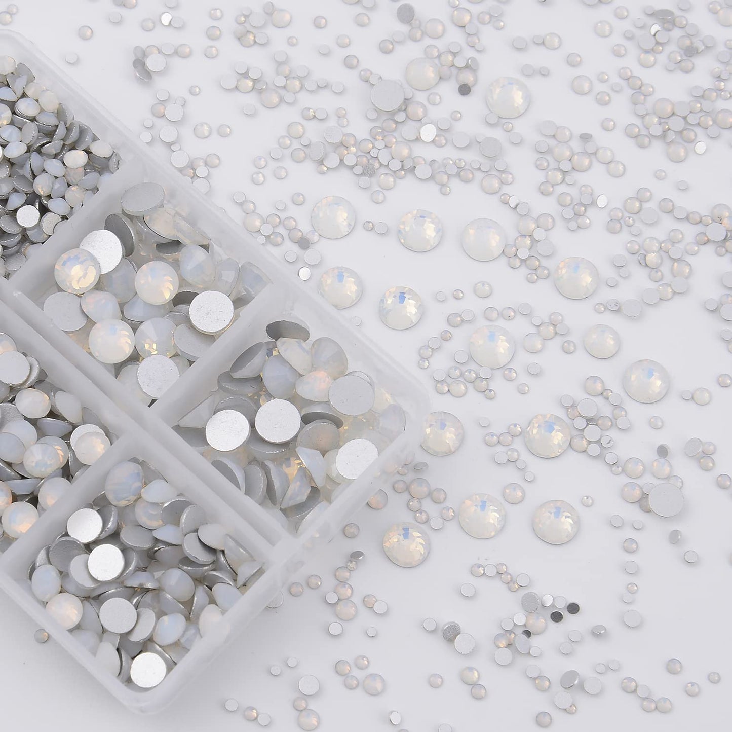 NCB 8000pcs Non Hotfix Rhinestones – 10 Sizes Flatback Glass Crystals with Tweezers & Pen (White Opal Mix SS3-SS30)