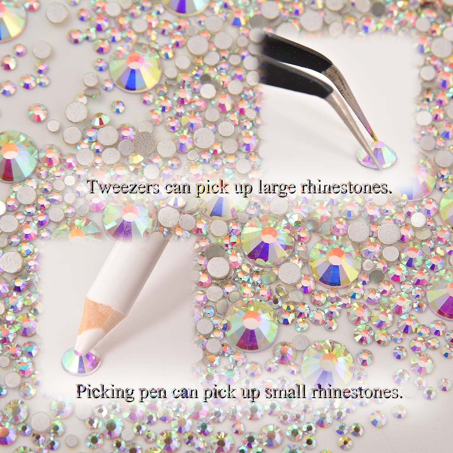 NCB 8000pcs Non-Hotfix Rhinestones – Glass Crystal Flatback, 10 Sizes SS3-SS30 + Tweezers & Picking Pen
