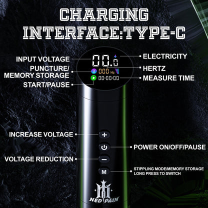NedPain Wireless Tattoo Kit – Tilted OLED Pen, 8500RPM, 1500mAh Battery