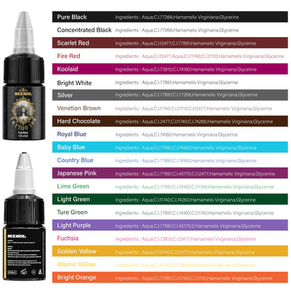 Neebol 21 Colors Tattoo Ink Set – 15ml Bottles for Outlining & Shading