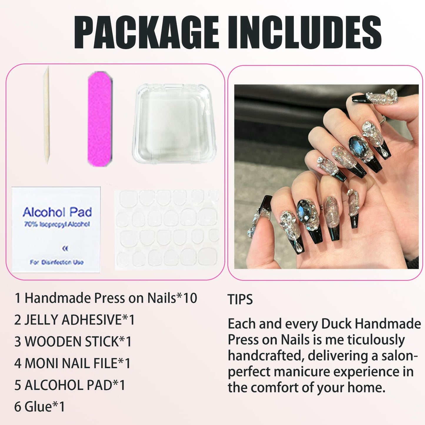 NEUQL Handmade Press On Nails - Long Square, Reusable, Black S | Luxury Nail Kit