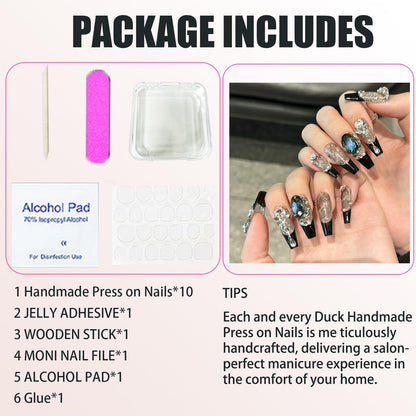 NEUQL Handmade Press On Nails - Long Square, Reusable, Black S | Luxury Nail Kit