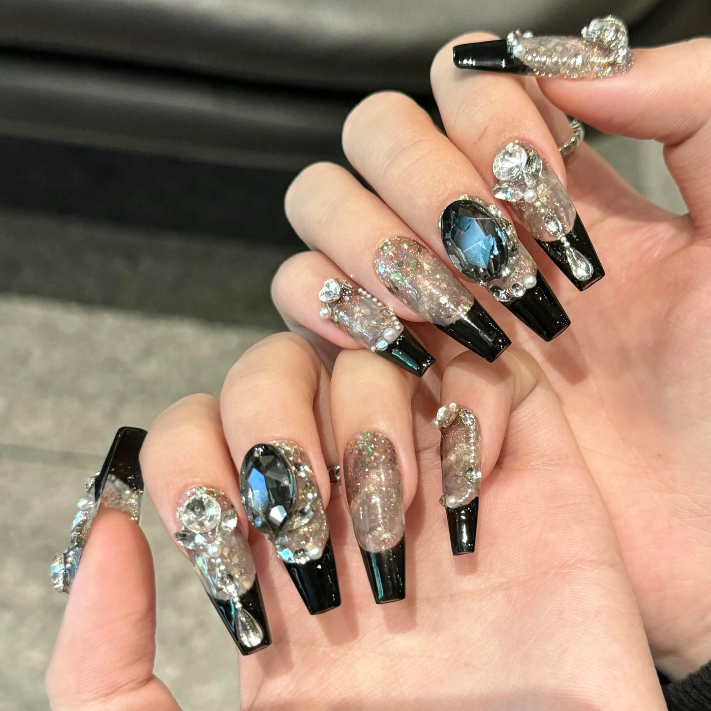 NEUQL Handmade Press On Nails - Long Square, Reusable, Black S | Luxury Nail Kit