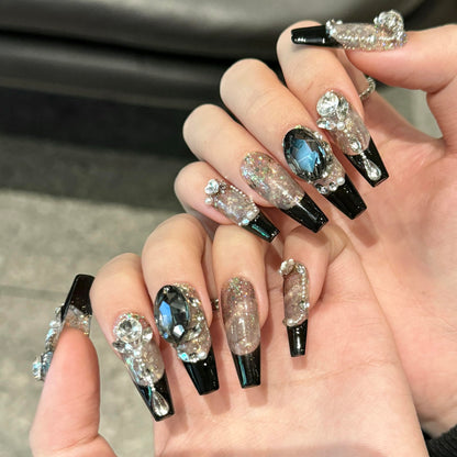 NEUQL Handmade Press On Nails - Long Square Reusable Black M | Luxury Nail Kit for Women