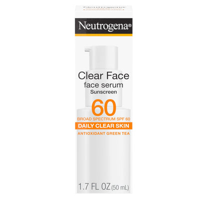 Neutrogena Clear Face Serum Sunscreen SPF 60 – Fragrance-Free, Non-Comedogenic, Water-Resistant 1.7 oz