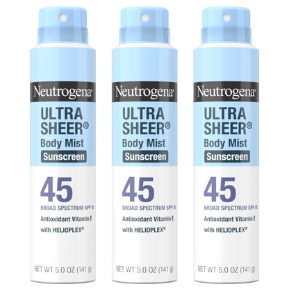 Neutrogena Ultra Sheer Body Mist Sunscreen Spray SPF 45 – Non-Greasy, Water-Resistant 3-Pack (5 oz each)