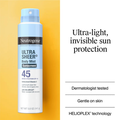 Neutrogena Ultra Sheer Body Mist Sunscreen Spray SPF 45 – Non-Greasy, Water-Resistant 3-Pack (5 oz each)