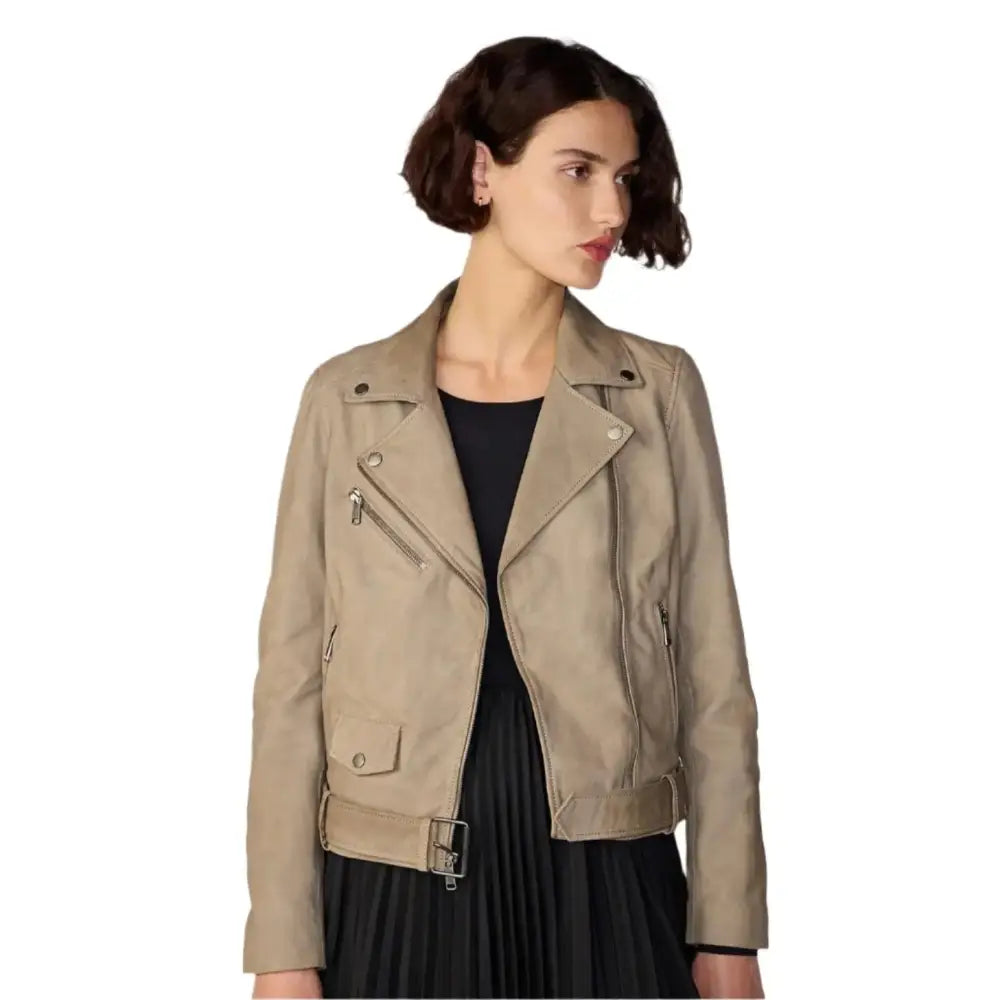 Women’s Tan Beige Suede Biker Jacket