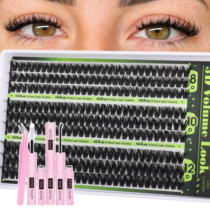 Newcally 80D Lash Clusters Kit — Short 8-12mm Wispy D-Curl, 261 Pcs
