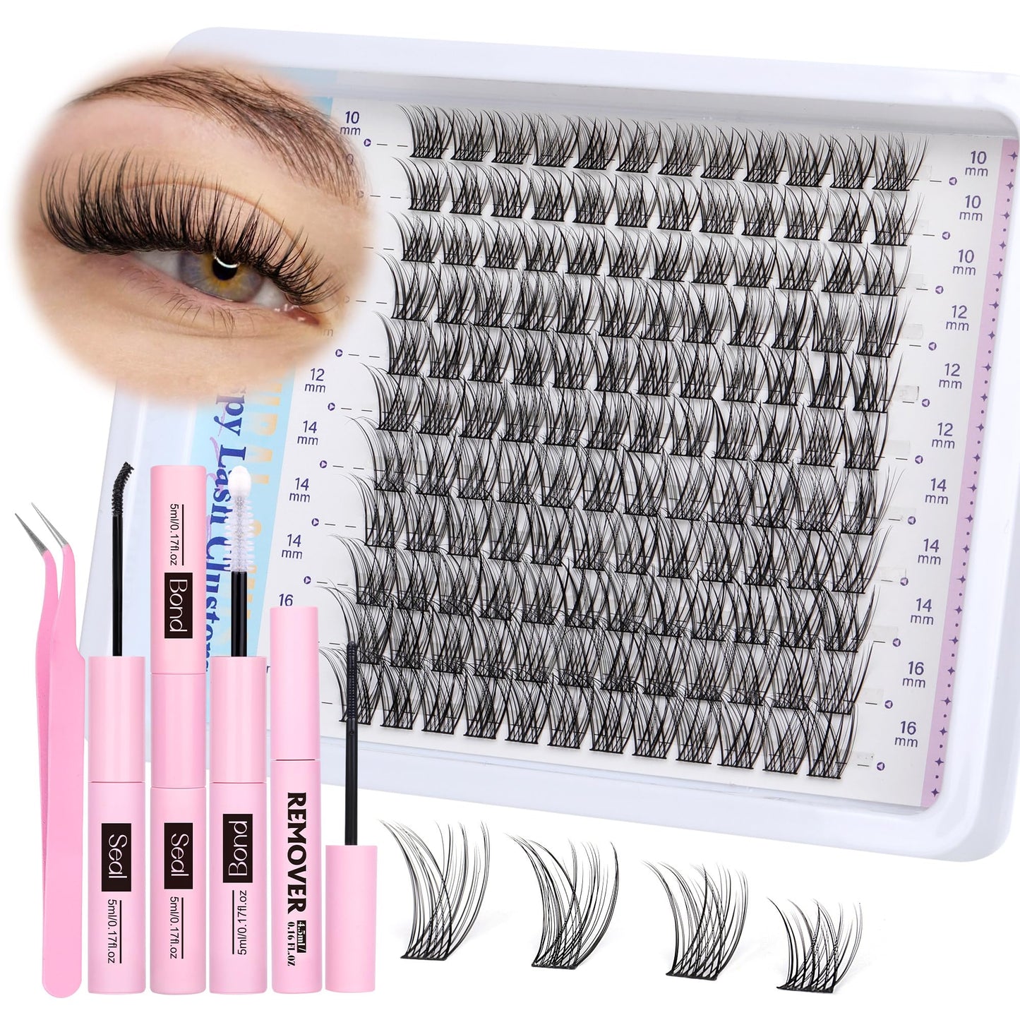 Newcally Cluster Eyelash Kit – Natural Wispy C-Curly 10–16mm Lashes + Bond & Seal