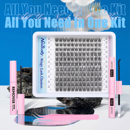 Newcally Cluster Eyelash Kit – Natural Wispy C-Curly 10–16mm Lashes + Bond & Seal