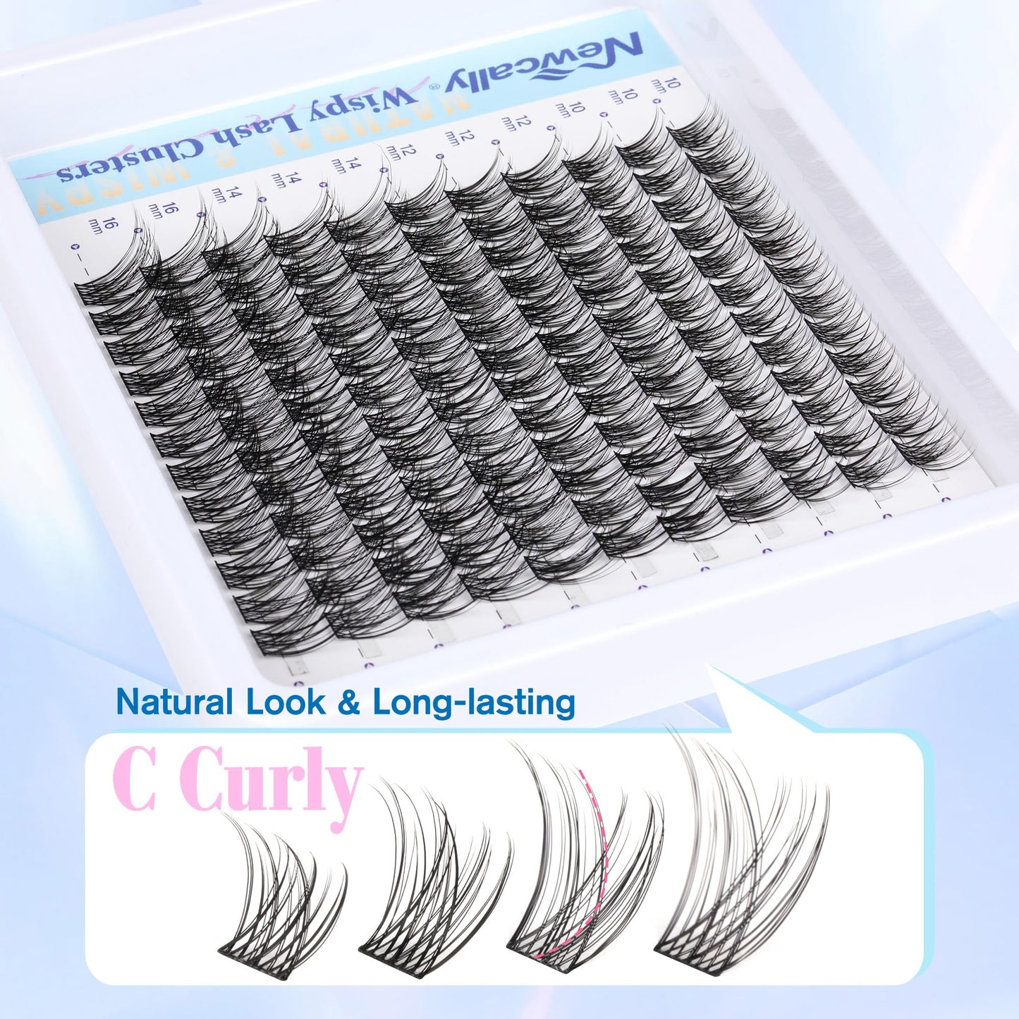 Newcally Cluster Eyelash Kit – Natural Wispy C-Curly 10–16mm Lashes + Bond & Seal