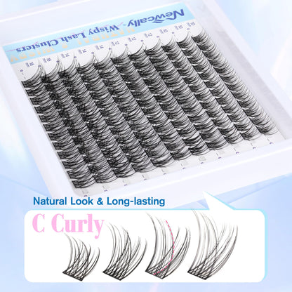 Newcally Cluster Eyelash Kit – Natural Wispy C-Curly 10–16mm Lashes + Bond & Seal