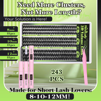 Newcally 80D Lash Clusters Kit — Short 8-12mm Wispy D-Curl, 261 Pcs