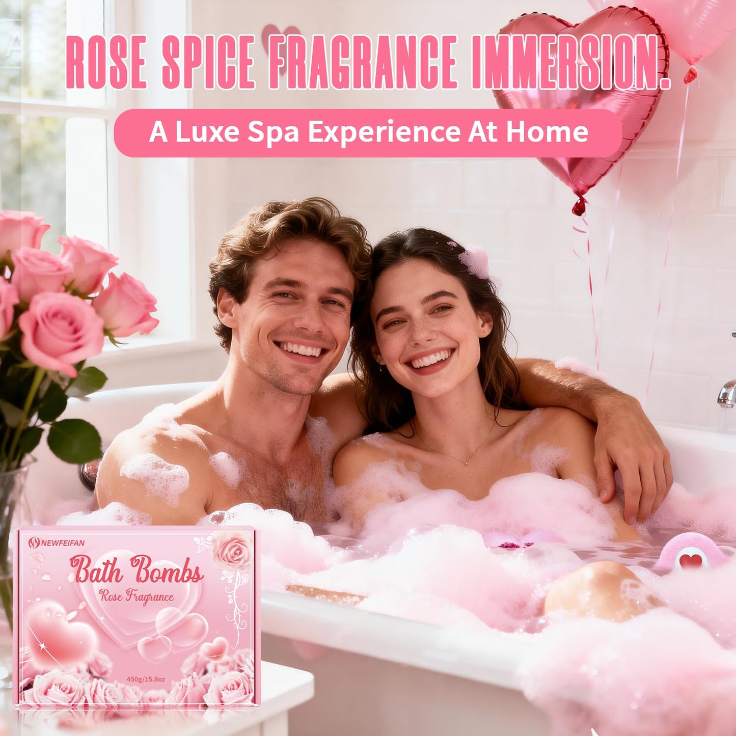 NEWFEIFAN Valentines Bath Bombs – XXL 4-Pack with Rose Oil | Handmade Natural & Organic Gift Set