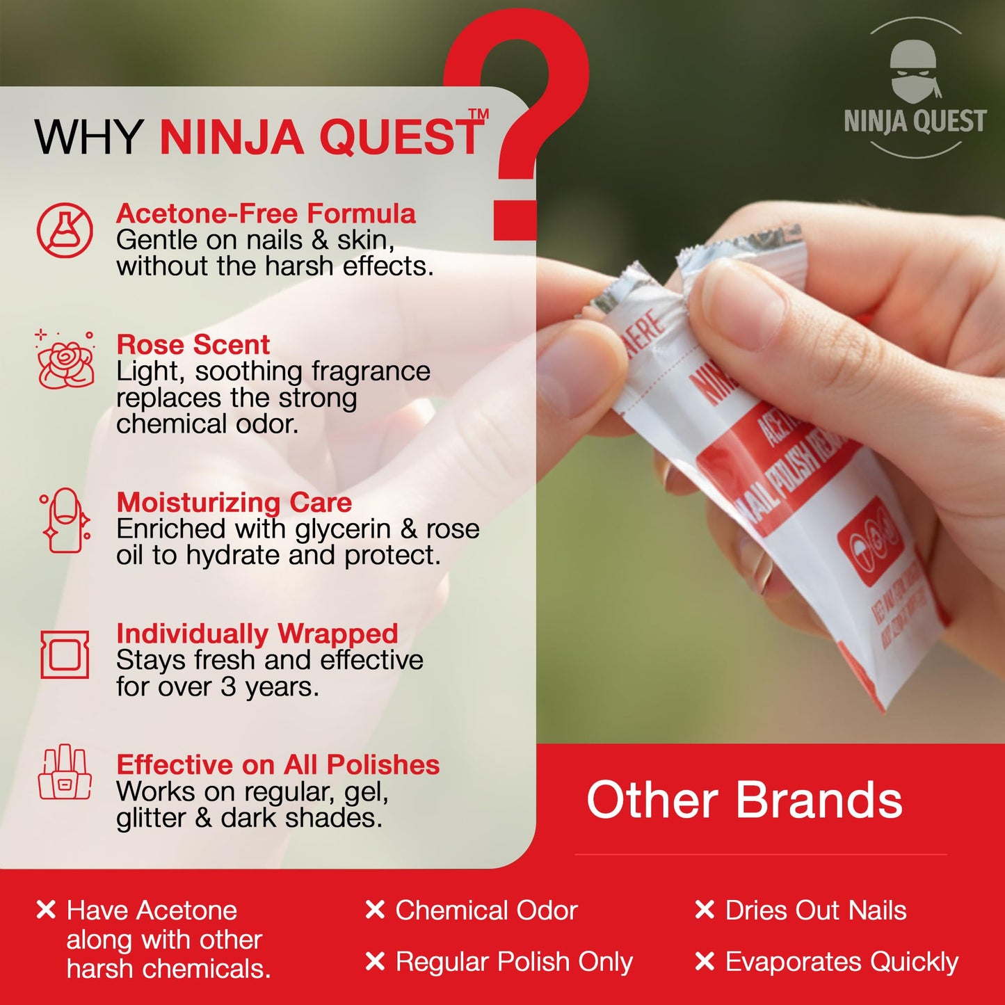 Ninja Quest Nail Polish Remover Pads | 200-Pack Non-Acetone Wipes for Gel, Natural Nails, Travel Kit