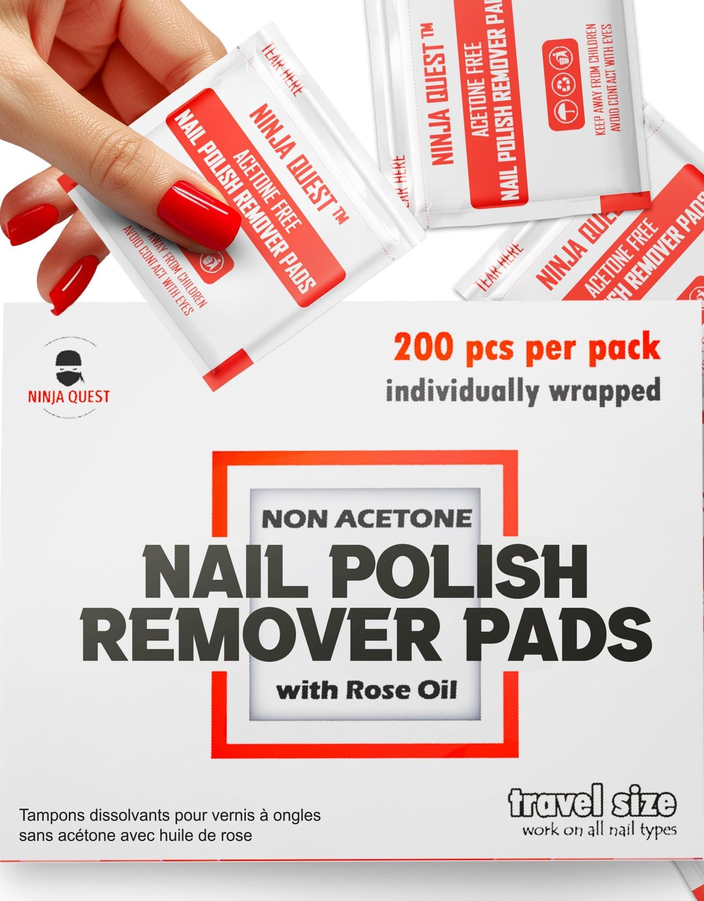 Ninja Quest Nail Polish Remover Pads | 200-Pack Non-Acetone Wipes for Gel, Natural Nails, Travel Kit