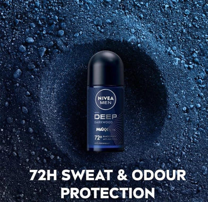 NIVEA Men Deep Darkwood MaxxTech 72H Roll-On Deodorant 25ml – Charcoal, Woody Scent, 2-Pack