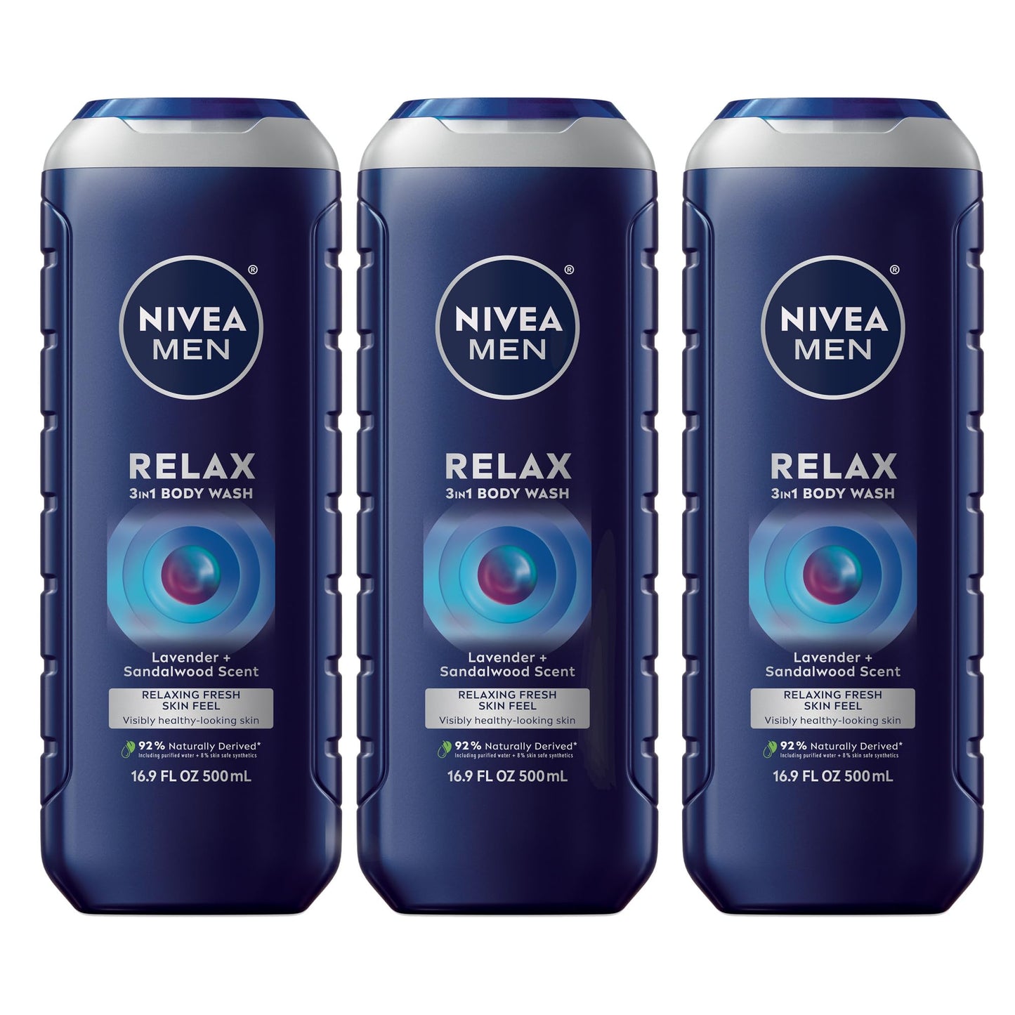 NIVEA MEN Relax 3-in-1 Body Wash – Lavender & Sandalwood, Vegan, pH-Friendly, 3 x 16.9 oz