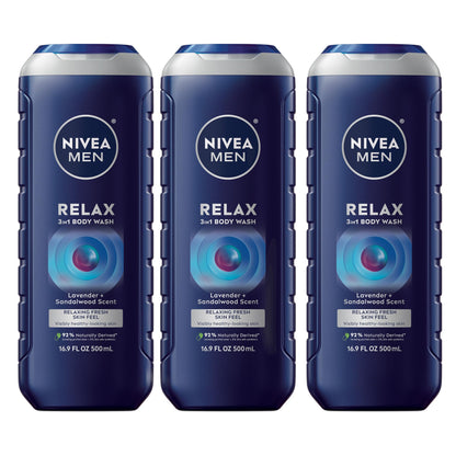 NIVEA MEN Relax 3-in-1 Body Wash – Lavender & Sandalwood, Vegan, pH-Friendly, 3 x 16.9 oz