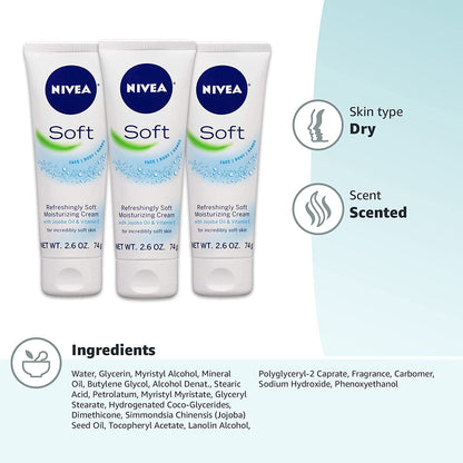 NIVEA Soft Moisturizing Creme 2.6 oz — Pack of 6 | Lightweight Hydration for Skin