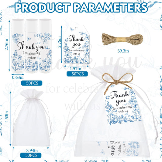 Nlicrst Blue Flower Lip Balm Favors – 50-Piece Baby Shower & Bridal Shower Gift Set with Tags