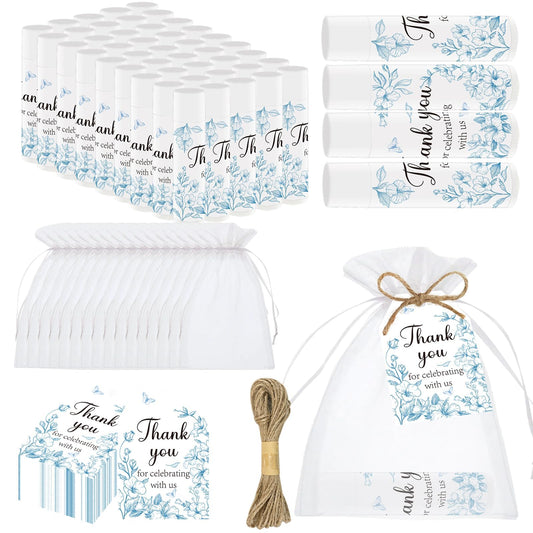 Nlicrst Blue Flower Lip Balm Favors – 50-Piece Baby Shower & Bridal Shower Gift Set with Tags