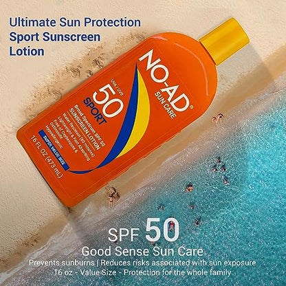NO-AD SPF 50 SPORT Sunscreen Lotion – Hypoallergenic, Broad Spectrum UVA/UVB, Water Resistant, 16oz Pack of 2