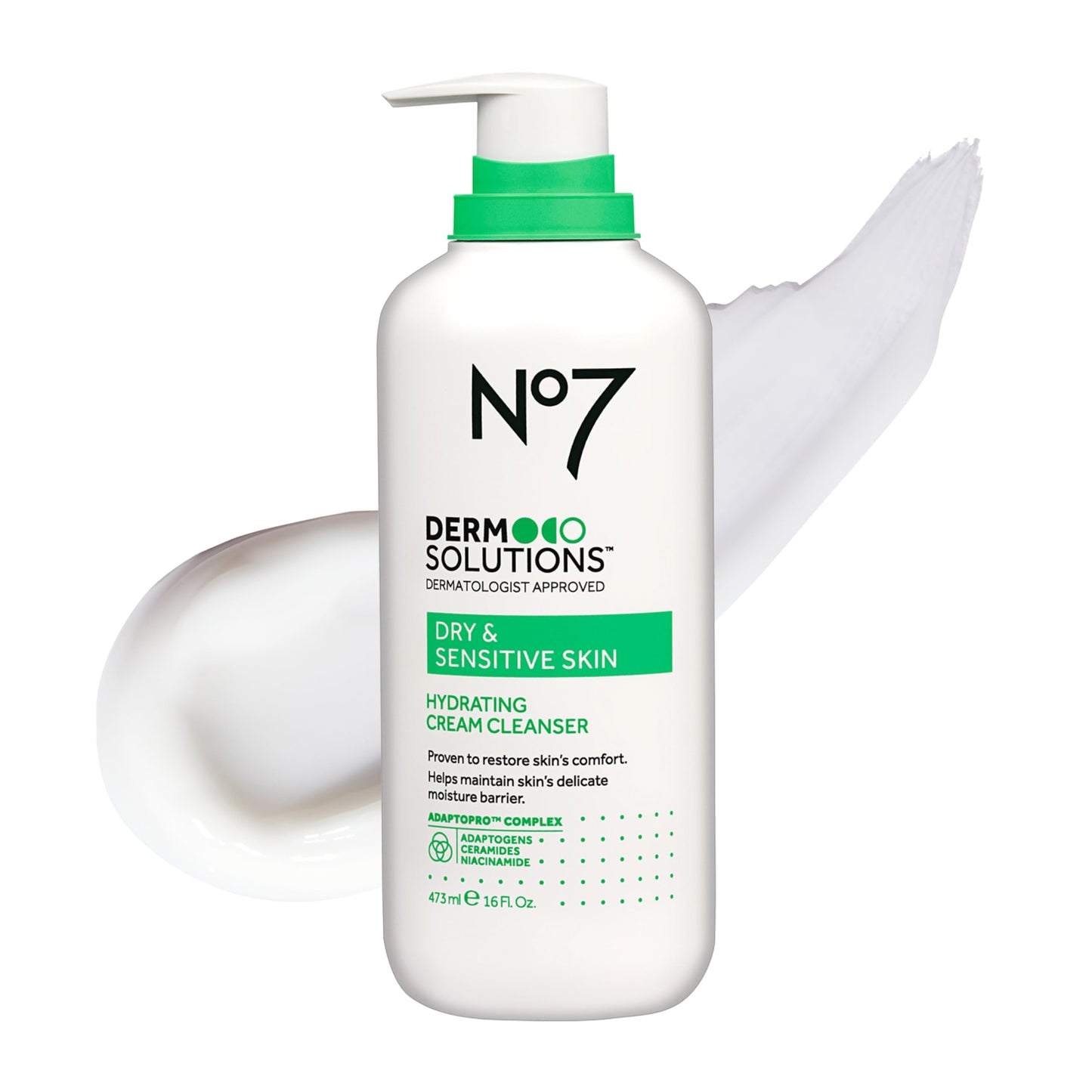 No7 Derm Solutions Hydrating Facial Cleanser – Ceramides, Niacinamide & Adaptogens for Dry & Sensitive Skin | 16 oz