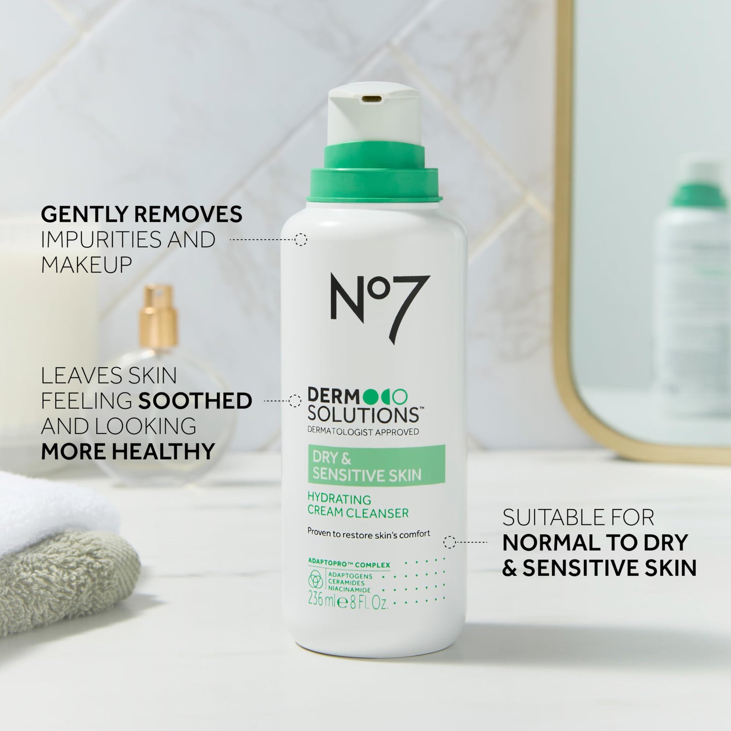 No7 Derm Solutions Hydrating Facial Cleanser – Ceramides, Niacinamide & Adaptogens for Dry & Sensitive Skin | 16 oz