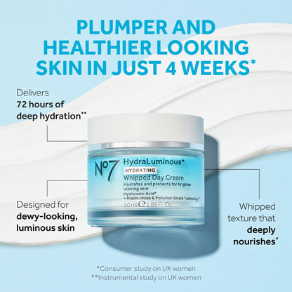 No7 HydraLuminous+ Whipped Day Cream – 72h Hydration with 2% Hyaluronic Acid & 5% Niacinamide (1.69 fl oz)