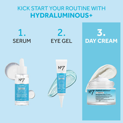 No7 HydraLuminous+ Whipped Day Cream – 72h Hydration with 2% Hyaluronic Acid & 5% Niacinamide (1.69 fl oz)