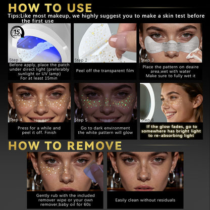 Noerrors 6pcs Glitter Freckles Glow-in-the-Dark Temporary Tattoos – Gold Star Sparkle Patches for Party