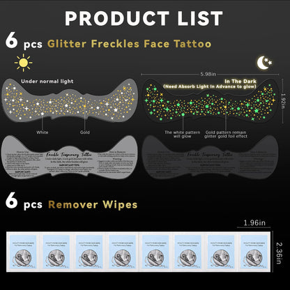 Noerrors 6pcs Glitter Freckles Glow-in-the-Dark Temporary Tattoos – Gold Star Sparkle Patches for Party