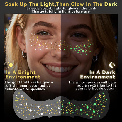 Noerrors 6pcs Glitter Freckles Glow-in-the-Dark Temporary Tattoos – Gold Star Sparkle Patches for Party