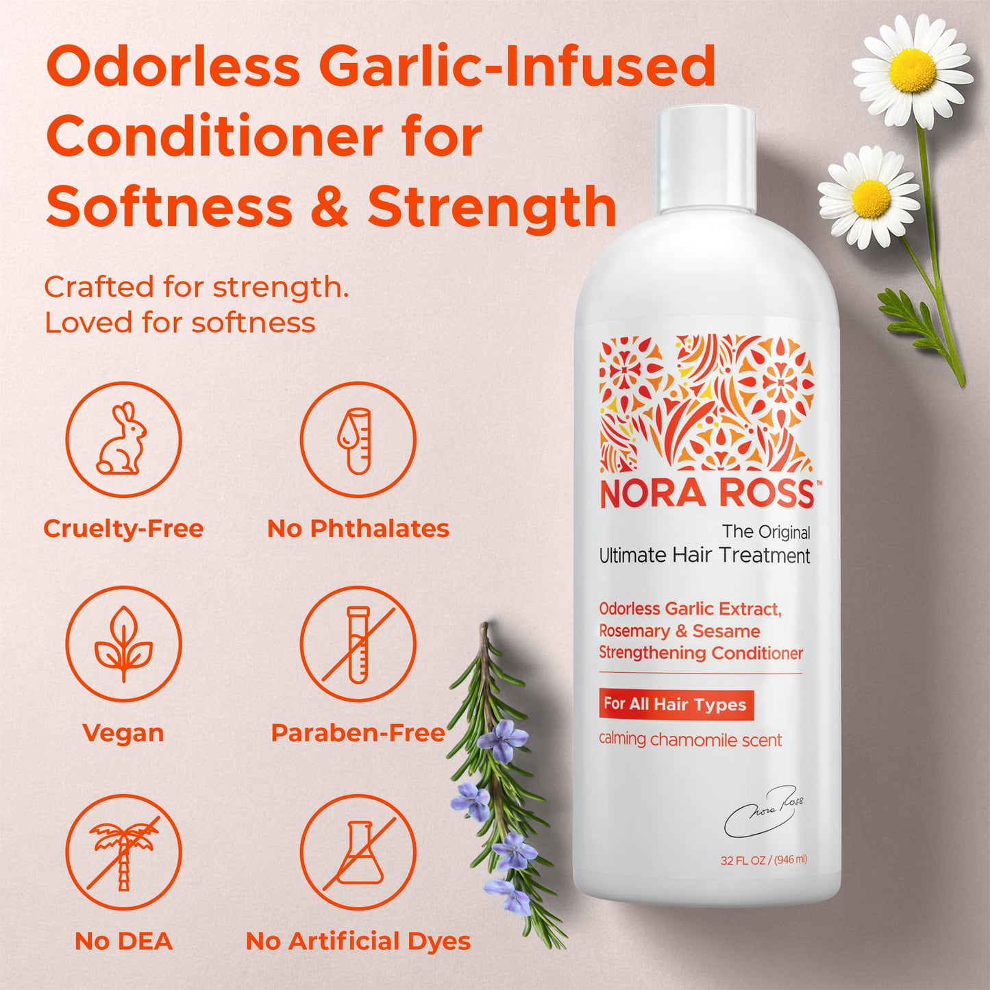 Nora Ross Garlic Extract Strengthening Conditioner with Sesame Seed Oil – Hydrating Paraben-Free 32oz
