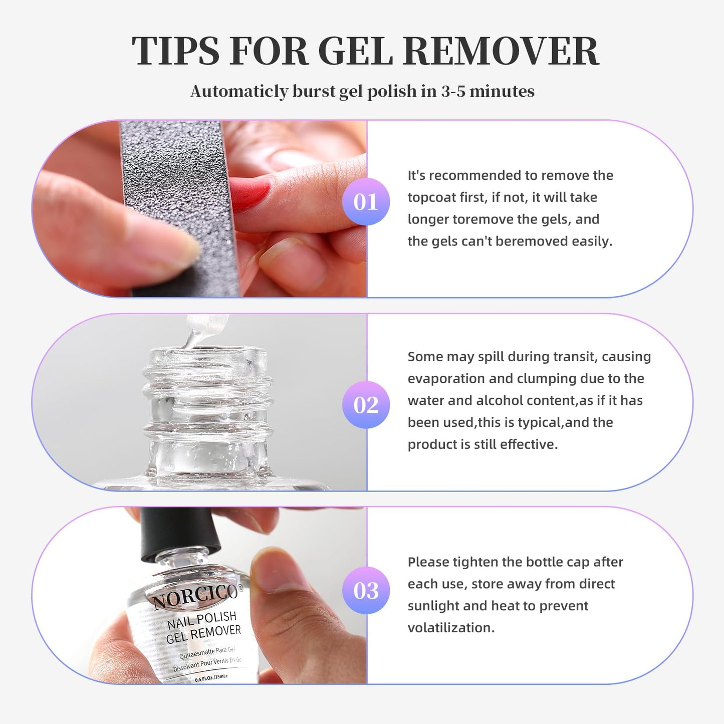 NORCICO Gel Polish Remover Kit – Fast 2-5 Min, No-Soak, 10ml Cuticle Oil & Pro Tools