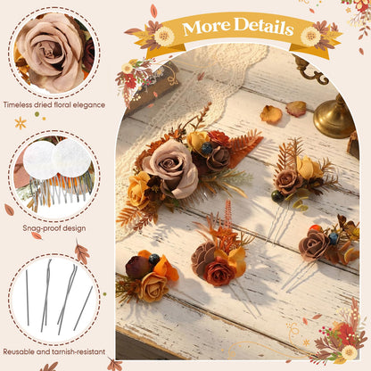 Norme 5 Pcs Wedding Flower Hair Comb & Hairpins Set – Boho Orange Floral Accessories