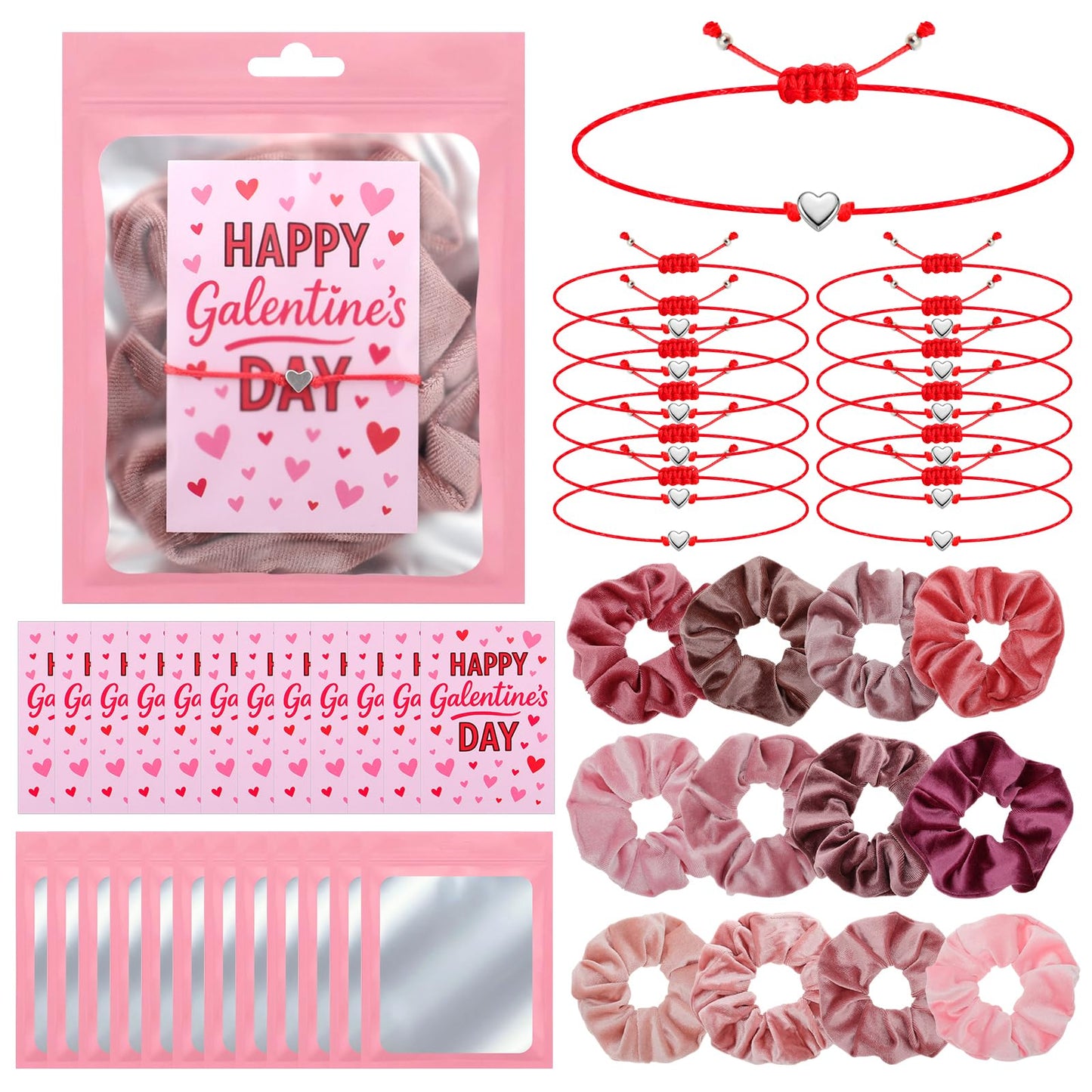 Norme 12-Piece Galentine's Gift Set — Velvet Scrunchies, Adjustable Heart Bracelets, Cards & Bags