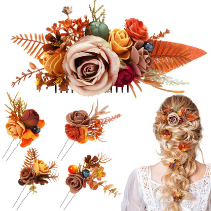 Norme 5 Pcs Wedding Flower Hair Comb & Hairpins Set – Boho Orange Floral Accessories