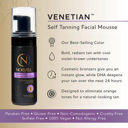 Norvell Venetian Sunless Facial Mousse with Bronzer – Instant Natural-Looking Tan (1.7 oz)