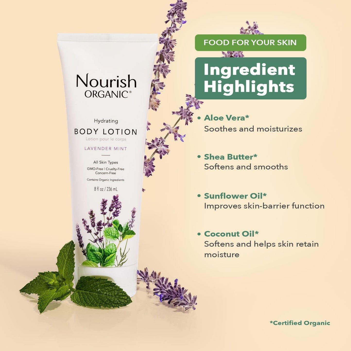 Nourish Organic Lavender Mint Body Lotion – Hydration for Dry Skin (8 oz) + Cotton Round