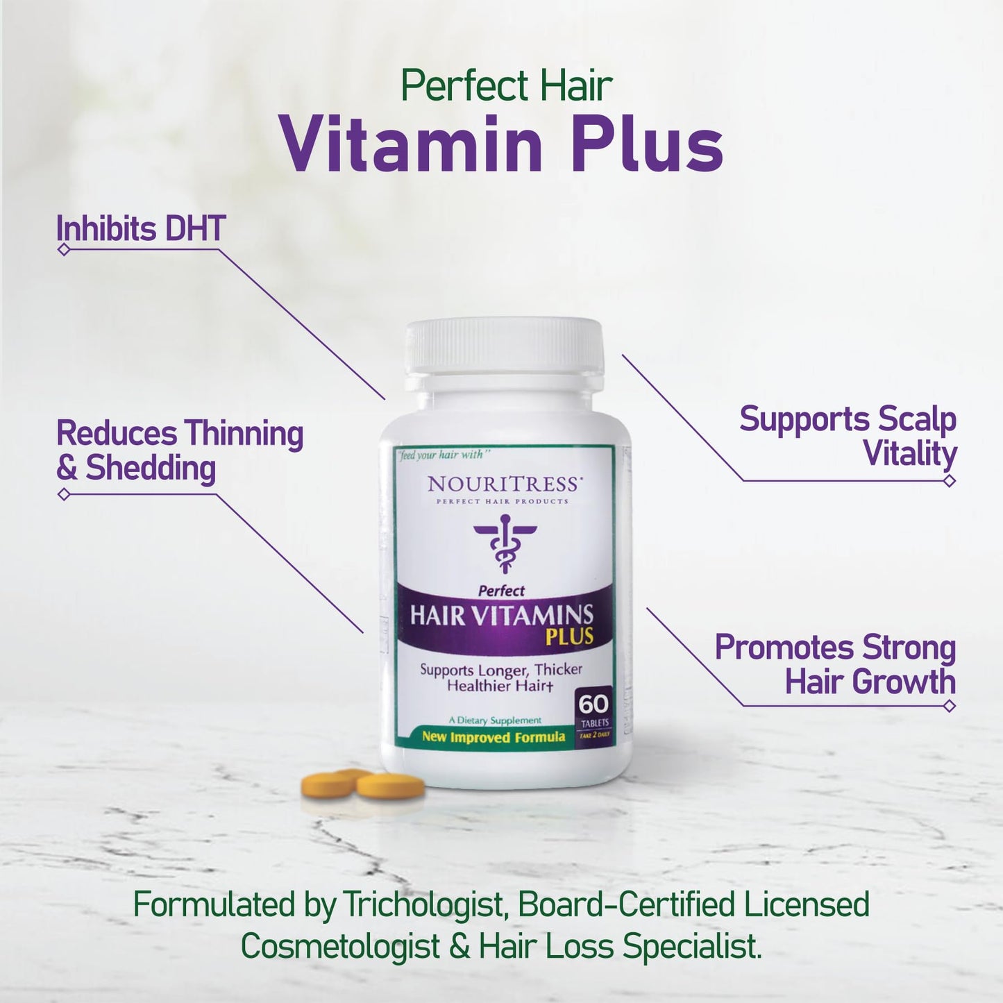 NouriTress Perfect Hair Vitamins Plus – 60 Tabs, DHT Blocker Formula, Salon-Strength