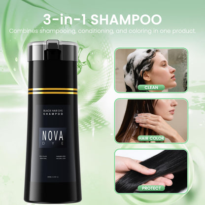 NOVA DYE Black Hair Dye Shampoo 3 in 1 | Natural Gray Coverage for Men & Women | Herbal Formula