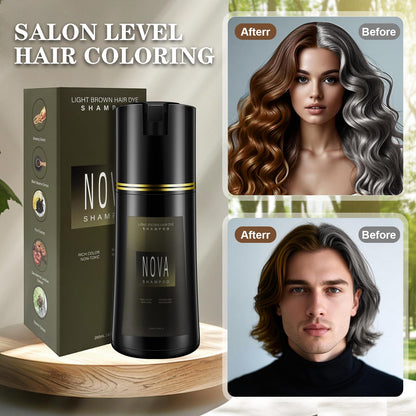 NOVA SHAMPOO Hair Dye Shampoo & Gray Coverage - Natural 3-in-1 Instant Color for Men & Women (Light Brown, 200ml)