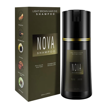 NOVA SHAMPOO Hair Dye Shampoo & Gray Coverage - Natural 3-in-1 Instant Color for Men & Women (Light Brown, 200ml)