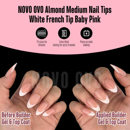 NOVO OVO White French Tip Almond Nails – Baby Pink Press On Tips, Extra Thick Soft Gel, 240 pcs, 15 Sizes