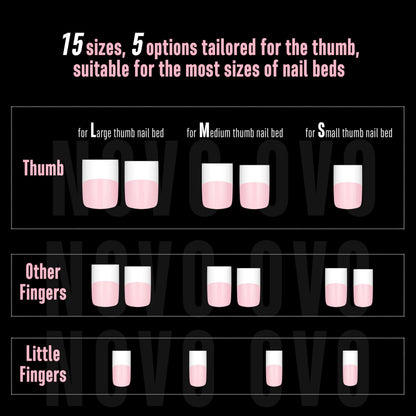 NOVO OVO Old School White French Tip Nails – Milky Pink, 240 pcs, 15 Sizes, Soft Gel Press-On Tips