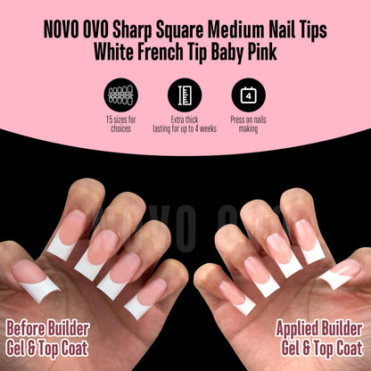 NOVO OVO Medium Sharp Square White French Tip Nail Tips – Baby Pink, Extra Thick Builder Gel & Top Coat, 180 pc